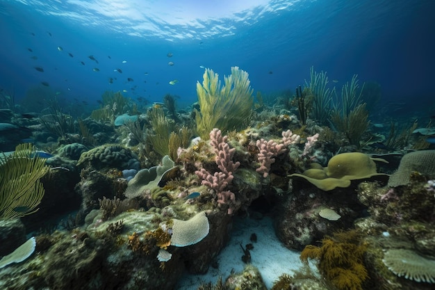 Recife do Caribe com plantas aquáticas e peixes coloridos criados com IA generativa