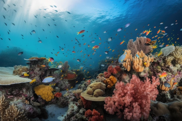 Recife tropical colorido com cardumes de peixes e recifes de coral criados com IA generativa