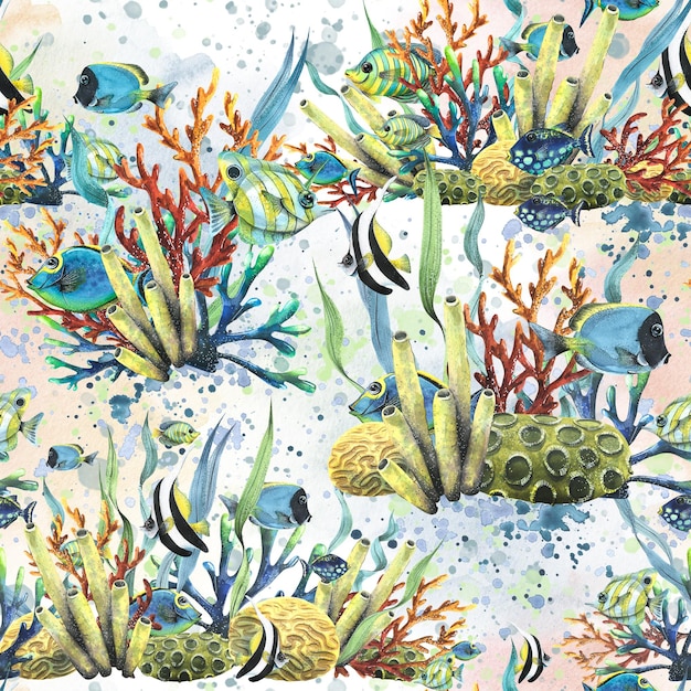 Recifes de corais com ondas de algas de peixes de água bolhas de esponjas do mar Ilustração de aquarela Padrão sem costura em um fundo azul da coleção de PEIXES TROPICAIS Para tecidos de papel de parede de tecido