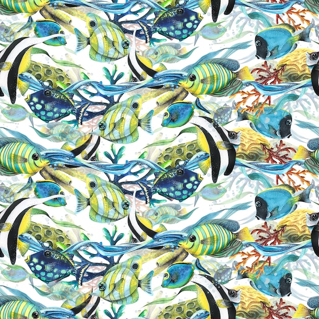 Recifes de corais com ondas de algas de peixes de água esponjas do mar bolhas Ilustração de aquarela Padrão sem costura em um fundo branco da coleção de PEIXES TROPICAIS Para tecidos de papel de parede têxteis