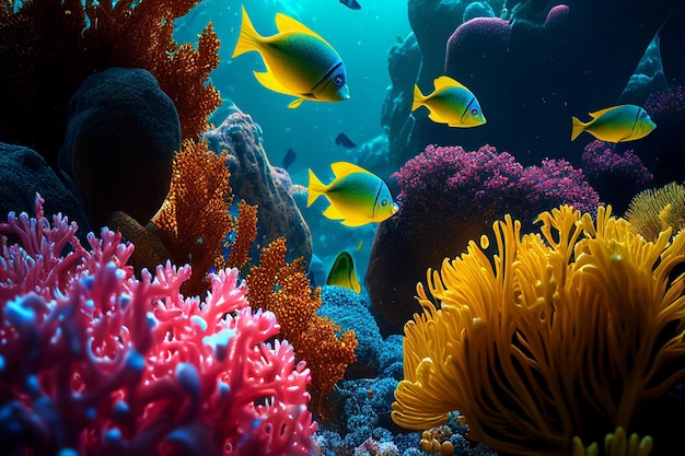 Recifes de corais e peixes coloridos Cena mundial subaquática limpa Criado com tecnologia Generative AI