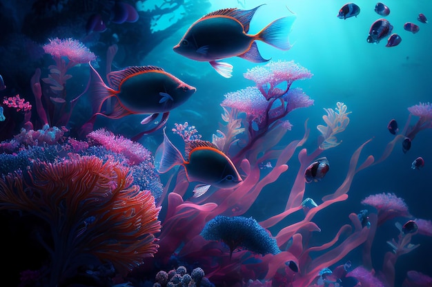 Recifes de corais e peixes coloridos Cena mundial subaquática limpa Criado com tecnologia Generative AI
