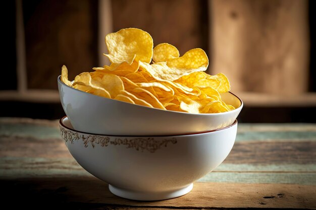 Recipiente de cerámica hondo lleno hasta arriba con papas fritas