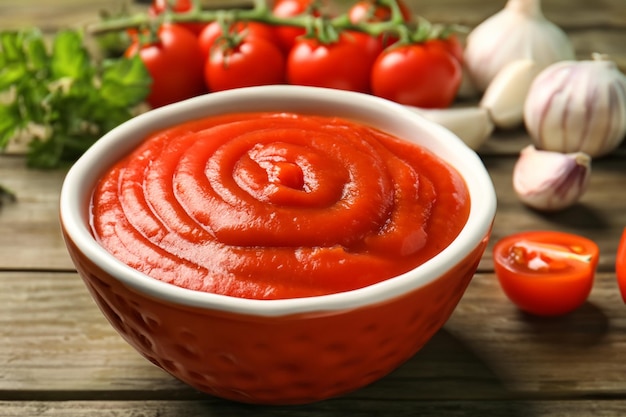 Recipiente de cerámica con salsa de tomate e ingredientes sobre mesa de madera
