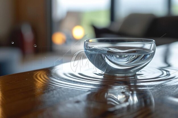 Recipiente de cristal transparente y ondulación de agua pura.