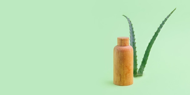 Recipiente de cosméticos de madeira com aloe vera no fundo