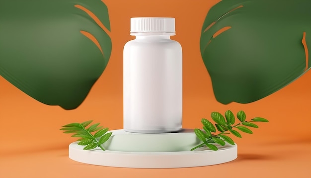 Foto recipiente de plástico branco 3d mockup para pílula de vitamina no pódio da vitrine