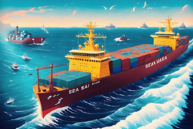 Recipiente de transporte de carga de navio no mar oceano com ondas quebrando Generative AI