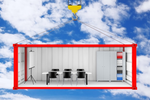 Recipiente de transporte de carga vermelho com parede lateral removida convertido em escritório durante o transporte com gancho de guindaste em um fundo de céu azul. Renderização 3D