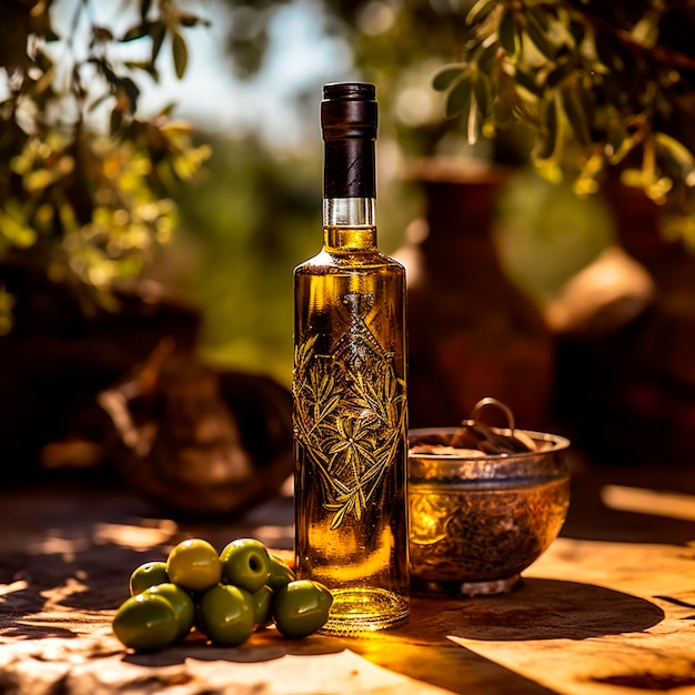 Recipiente de vidro com azeite na mesa de madeira com galhos e azeitonas com sol gerado ai