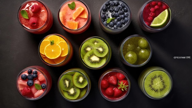 un recipiente con diferentes frutas, incluidas fresas, fresas y kiwi.