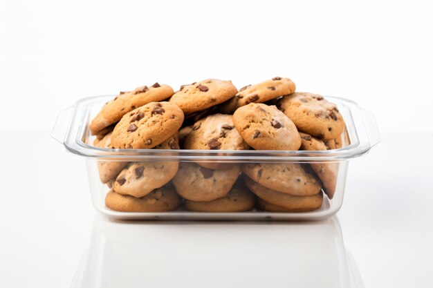 un recipiente de galletas de chispas de chocolate en una superficie blanca