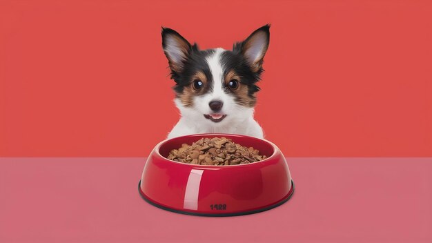 Foto recipiente de metacrilato de cuenco rojo para alimentos para perros o gatos con alimentos aislados