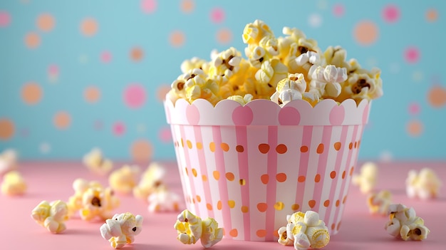 Un recipiente de palomitas de maíz de rayas rosas y blancas está sentado en una mesa rosa