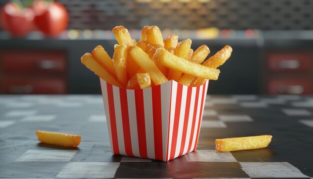 un recipiente de papas fritas a rayas rojas y blancas