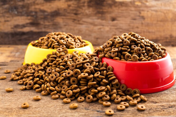Recipiente de plástico lleno con alimento seco para perros aislado sobre fondo blanco Vista superior de alimentos para mascotas de grano con copia