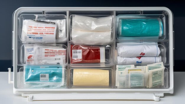 Foto un recipiente de plástico lleno de suministros médicos