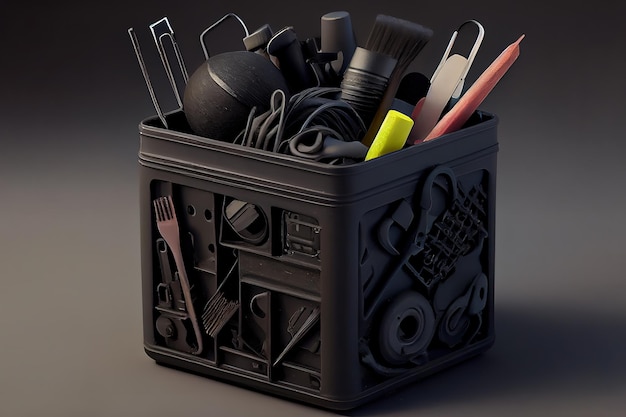 Recipiente plástico preto com muitas ferramentas Generative Ai