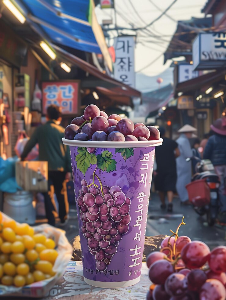 un recipiente púrpura con uvas en él está etiquetado como uva