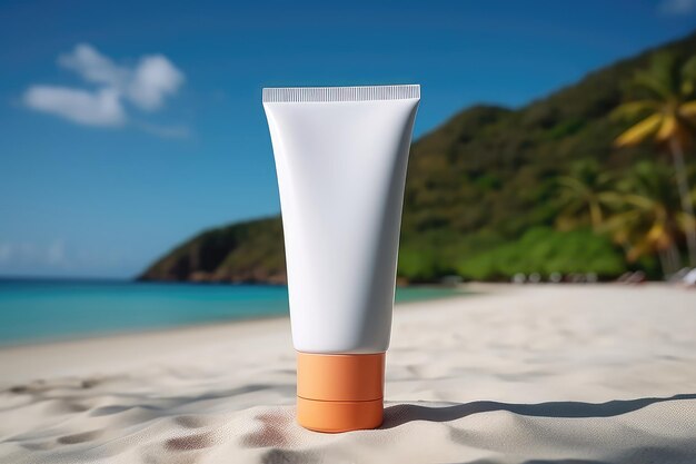 Recipiente vazio de creme protetor solar colocado em uma bela praia