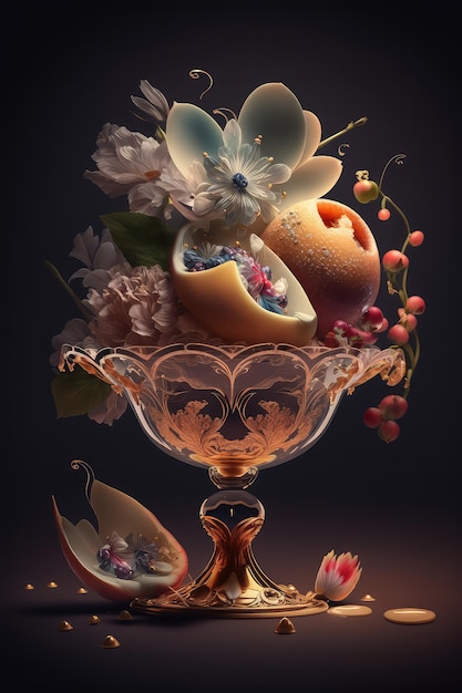 Un recipiente de vidrio con una flor y una fruta.