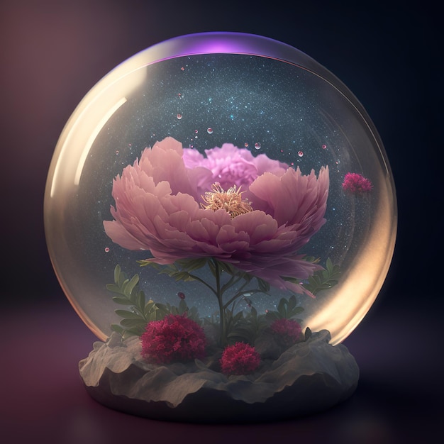 Un recipiente de vidrio con una flor que está etiquetada como "peonía".