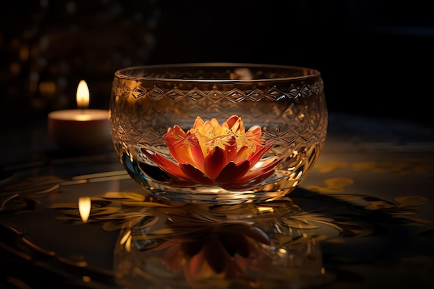 Un recipiente de vidrio con una flor se sienta en una mesa con una vela encendida en el fondo.