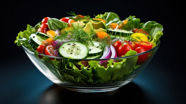 Un recipiente de vidrio lleno de muchos tipos diferentes de verduras