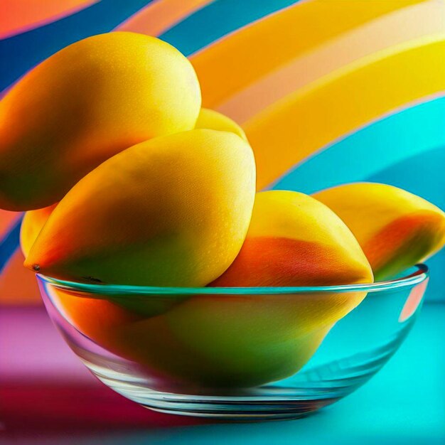 Foto un recipiente de vidrio con mangos con fondo colorido