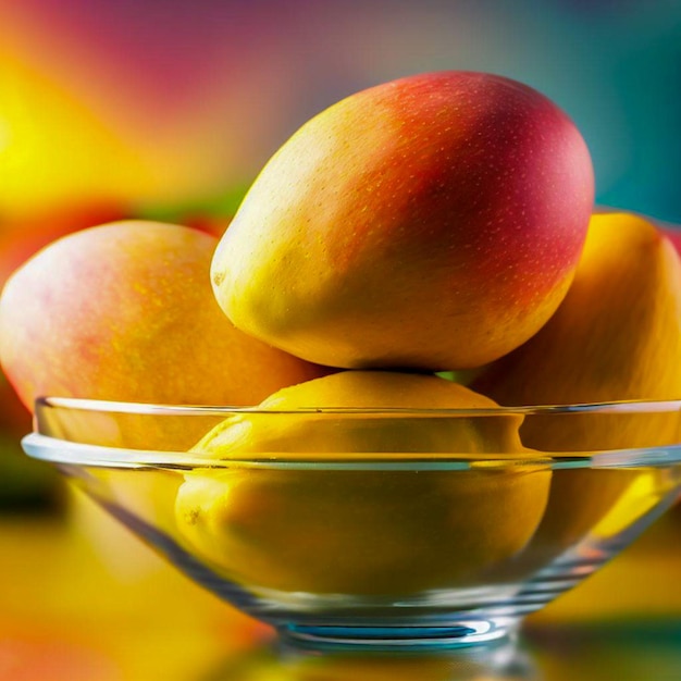 un recipiente de vidrio con mangos con fondo colorido