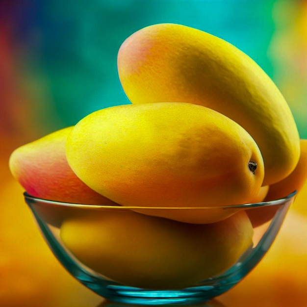 un recipiente de vidrio con mangos con fondo colorido