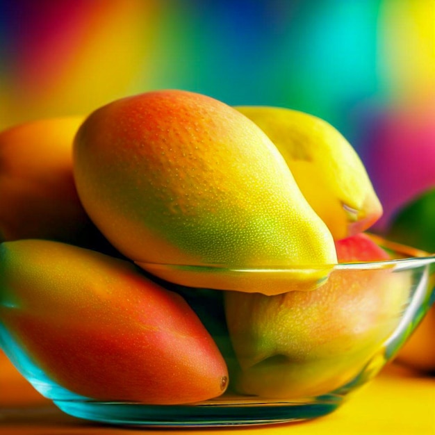 un recipiente de vidrio con mangos con fondo colorido