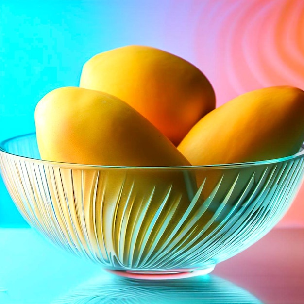 un recipiente de vidrio con mangos con fondo colorido