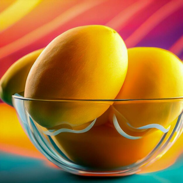 un recipiente de vidrio con mangos con fondo colorido