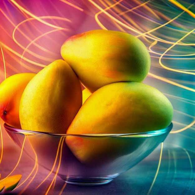 un recipiente de vidrio con mangos con fondo colorido