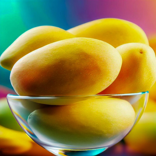 un recipiente de vidrio con mangos con fondo colorido