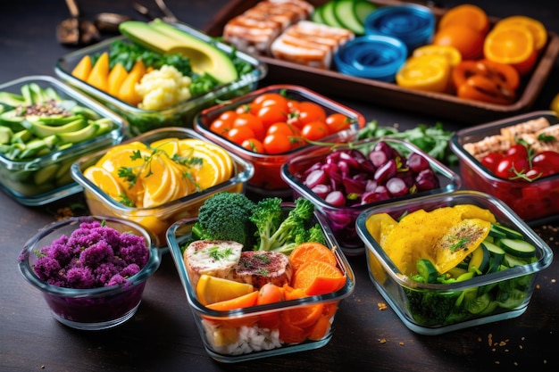 Recipientes coloridos para preparação de refeições com variedade de alimentos nutritivos