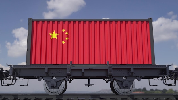 Recipientes com a bandeira da ilustração 3d de transporte ferroviário da China