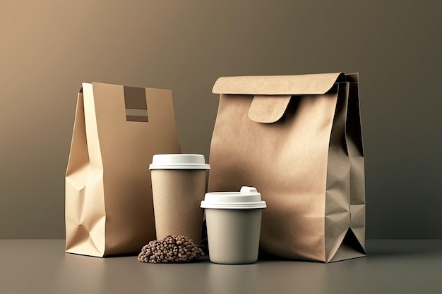 Recipientes de entrega para comida para viagem Xícara de café de papel com comida embalada Generative Ai