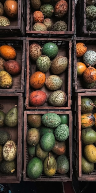 recipientes de frutas e vegetais de mercado exibindo frutas coloridas de produtos locais IA generativa