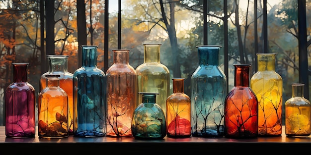 Recipientes de garrafas de cristal de vidro geométricas abstratas geradas por IA, pintura de desenho