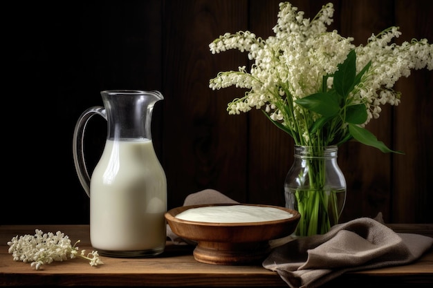 Recipientes de leite em uma mesa de madeira