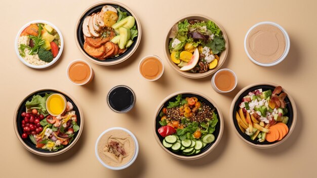 Foto recipientes de papel ecológicos tazón de sopa de ensalada tazón buda tazón frutas café y jugo