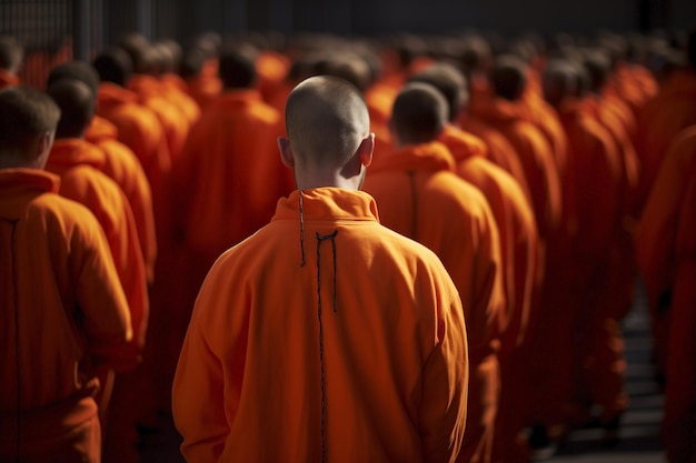 Reclusos en un centro penitenciario Grupo de prisioneros irreconocibles con uniforme naranja en la cárcel