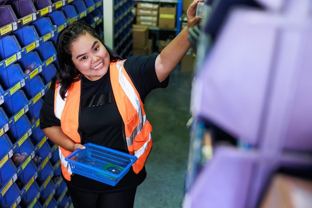 Recoger productos en stock en estantes trabajadora de almacén obesa con chaleco de seguridad y casco duro en fábrica de almacén industrial Mujer de talla grande inspeccionando productos mientras trabaja