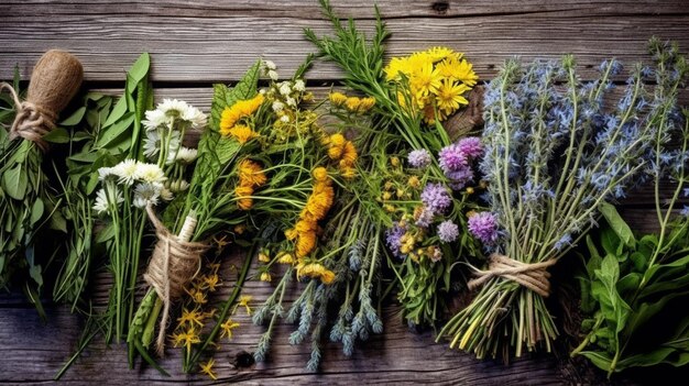 Recogida de hierbas silvestres para varios tratamientos medicinales y alternativos de madera estilo rural vintage de campo de fondo