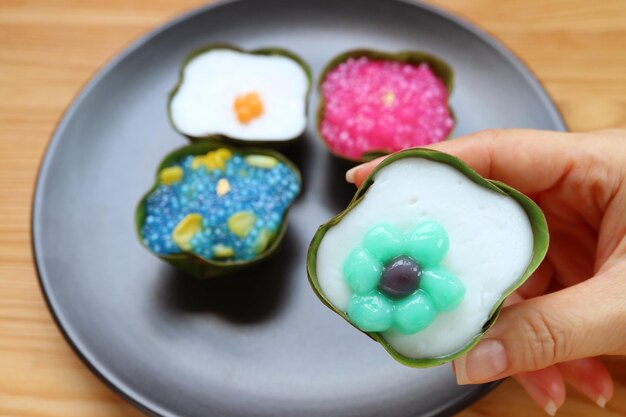 Foto recogida a mano khanom tako coco tailandés dos capas de pudín con una capa de crema de leche de coco en la parte superior