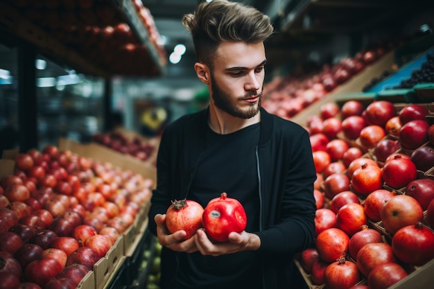 Recogiendo granada Un comprador masculino haciendo una elección en el mercado de comestibles