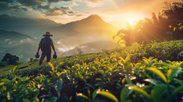 Recogiendo hojas de té en una plantación de té Concepto del Día Mundial del Té