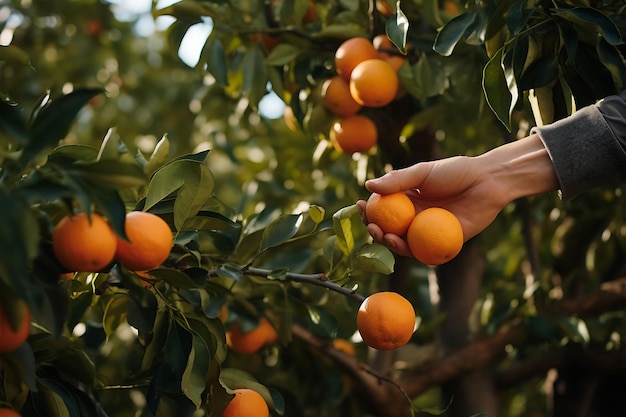 Recogiendo a mano naranjas maduras de un huerto de naranjas